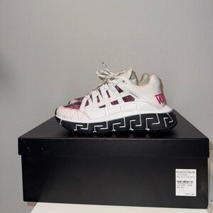 Versace Women's White and Pink Patterned Sneakers